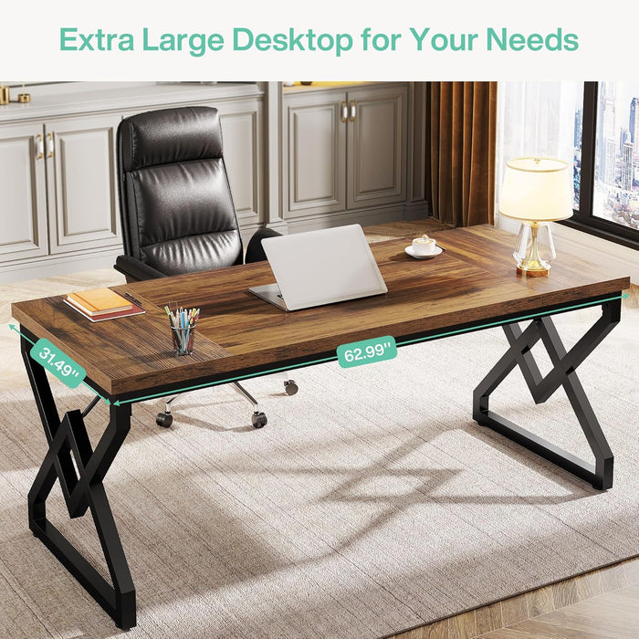 63" Large Industrial Executive Desk with Extra Thickened Tabletop & Metal Frame, Heavy-Duty 300 Lb Capacity Home Office Desk for Study Room, Dorm, Bedroom – Vintage Brown & Black