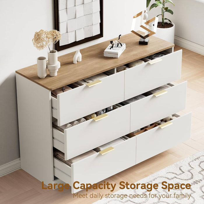 6 Drawer Dresser for Bedroom, 47.2" Wide Modern Chest of Drawers with 6 Large Storage Space with Curved Edge Design, Large Dresser W/Gold Metal Handles for Bedroom,White & Brown