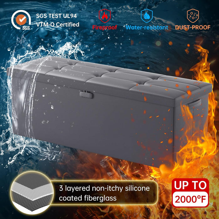 Storage Ottoman, Fireproof Folding Bench with Lock(15”X 43”X15”), Water-Resistant ＆ Heat Insulation Large Storage Chest with Handles＆2 Extra Spaces Safe for Living Room, Bedroom, Home, Grey