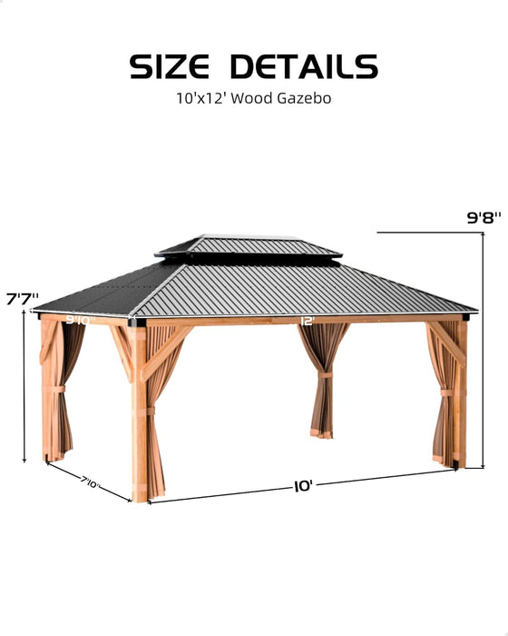 10'X12' Hardtop Wood Gazebo, Cedar Frame Outdoor Pavilion with Double Galvanized Steel Roof, Curtains and Netting Included, Ceiling Hook for Patio Backyard Deck Lawn Garden