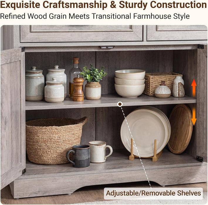 66" Large Sideboard Buffet Cabinet with Storage, Farmhouse Buffet Sideboard | Grey Coffee Bar, Wine Bar, Rustic Kitchen Storage Cabinet with Drawers, Weathered Ash, Ample Storage Space, Adjustable Shelf
