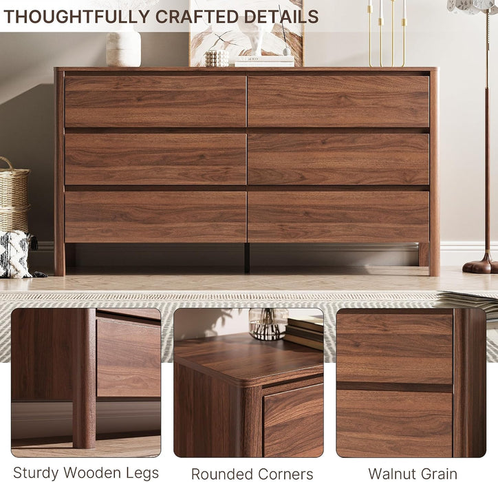 Walnut 6 Drawer Dresser for Bedroom, 55"Wide Modern Wood Dresser