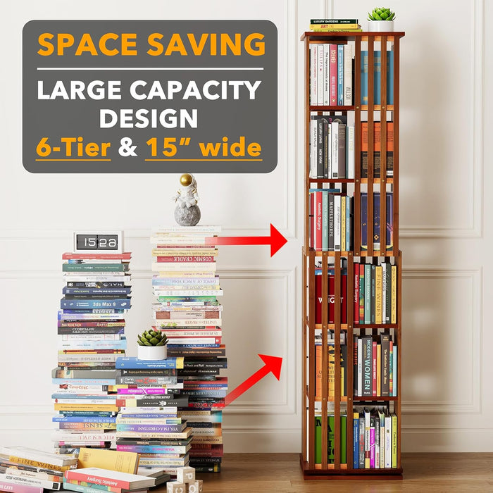 Walnut Six Tier Rotating Bookshelf Tower Organizer