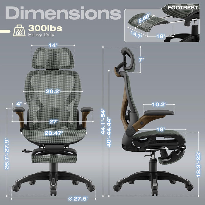 X100 Ergonomic Mesh Office Chair with Footrest, Big and Tall Home Desk Chair with 5D Flip-Up Arms, Adjustable 3D Lumbar Support, Gaming & Executive Computer Chair (Forest Ranger)