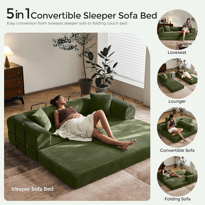 Green Convertible Sofa Bed With Removable Armrests