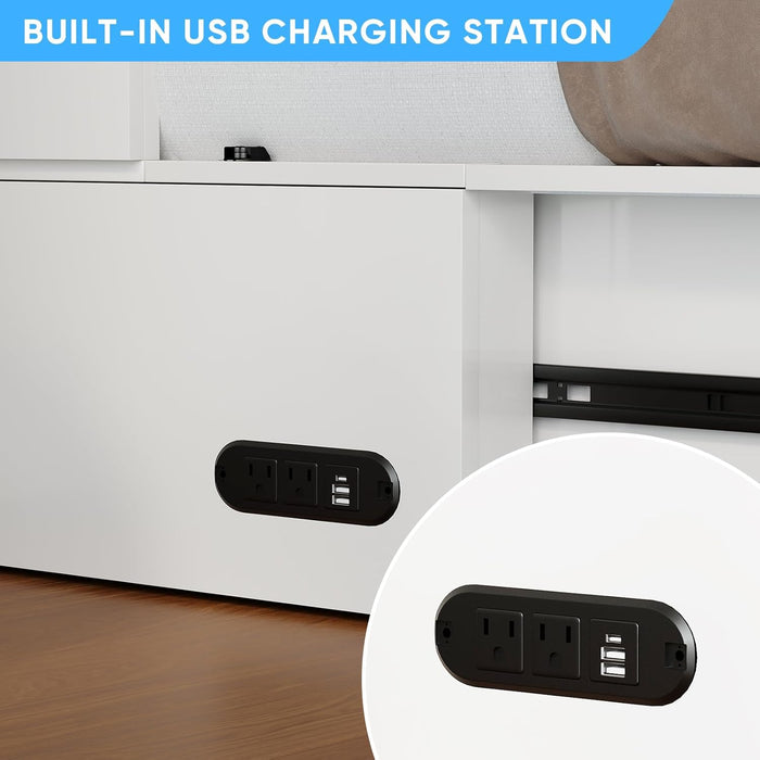 Queen Murphy Bed with USB Charging Station & 2 Storage Drawers, Hidden Folding Chest Cabinet Bed with Tri-Fold Mattress, Space Saving Wall Beds for Bedroom Guest Room Living Room-White