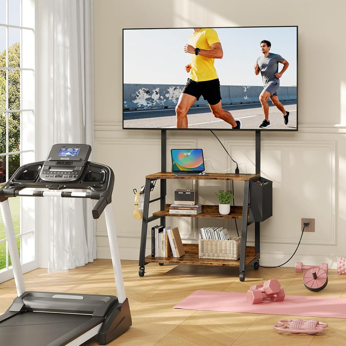 Mobile TV Stand with Charging Station, Adjustable Mount and Wheels, Rolling TV Console Table, Entertainment Center, for up to 75 Inch Tvs, 3-Tier Storage Shelf, Rustic Brown and Black TDS03UBF