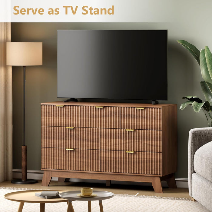 7 Drawer Fluted Dresser for Bedroom, Mid Century Modern Wooden Dresser with 7 Drawers, Dressers & Chests of Drawers with Metal Handle, TV Stand & Storage Organizer for Entryway, Hallway, Walnut