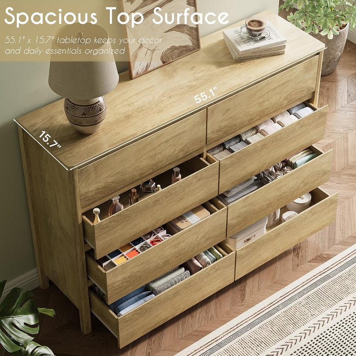 Oak 8 Drawer Dresser for Bedroom, 55" Wide Modern Wood Dresser