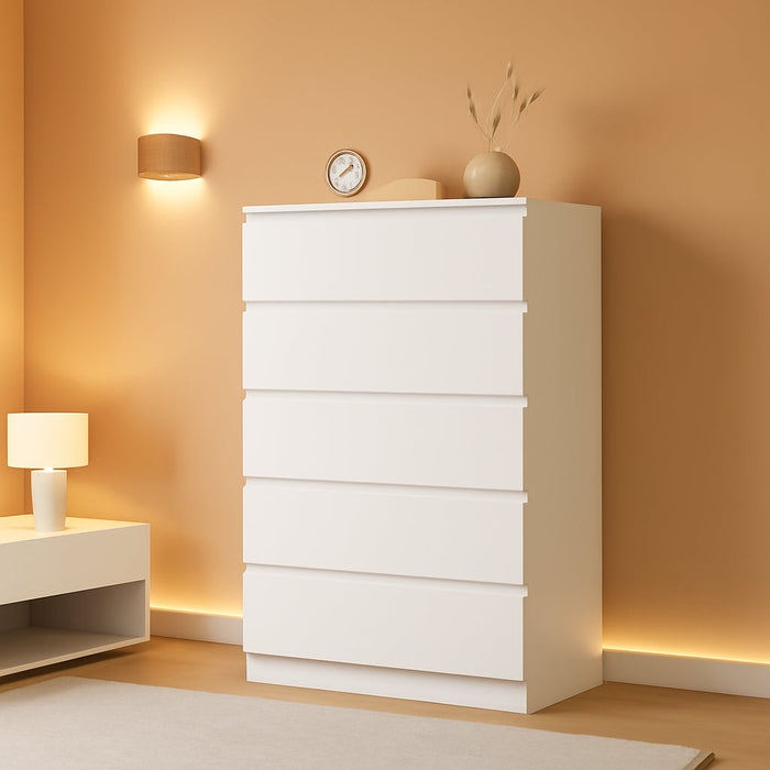 White Wood Dresser for Bedroom, 5 Drawer for Clothes Storage, Modern Dresser with Wide Drawers, Wide Wooden Chest Drawers for Living Room, Entryway, TV Stand
