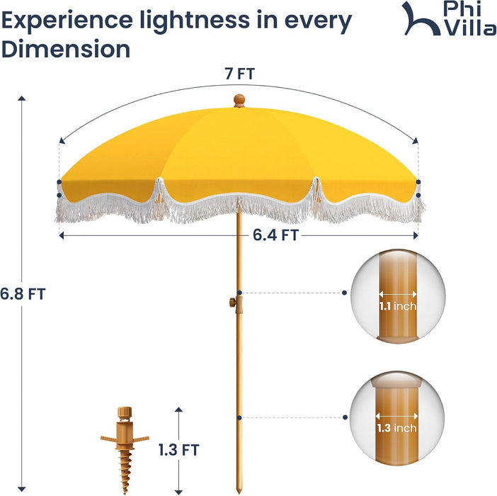 7Ft Fringe Beach Umbrella with Sand Anchor Outdoor Patio, UPF 50+, Yellow