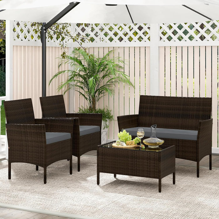 4 Piece Patio Furniture Set, Outdoor Rattan Conversation Set with Loveseat, Wicker Chairs, Tempered Glass Coffee Table, Wicker Patio Set for Backyard, Porch (Grey)