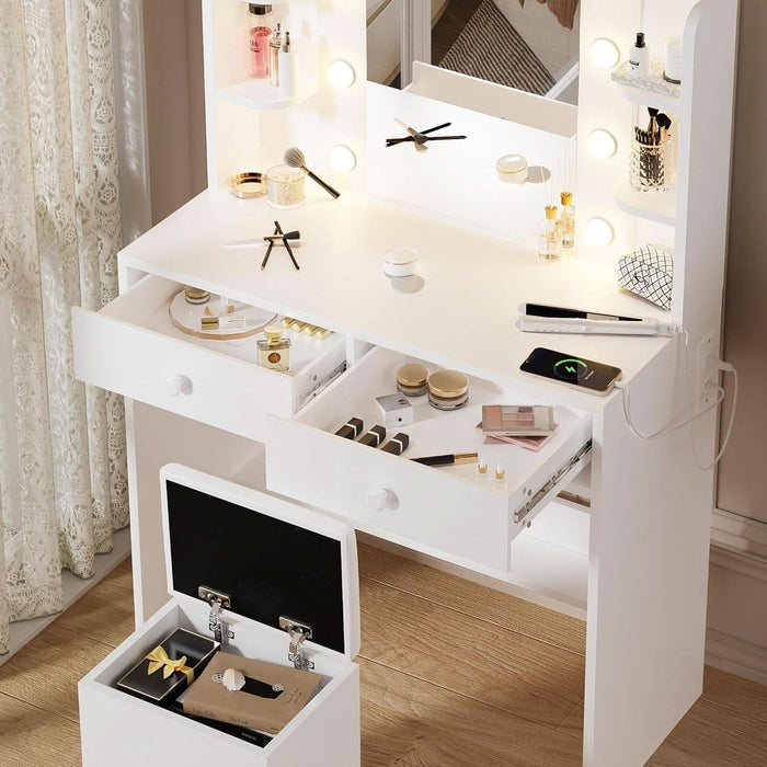 White Vanity Desk with Mirror and Lights, Makeup Vanity with 10 LED Bulbs and 3 Color Modes, Dressing Table Set with Power Outlets, Storage Drawers and Chair for Bedroom