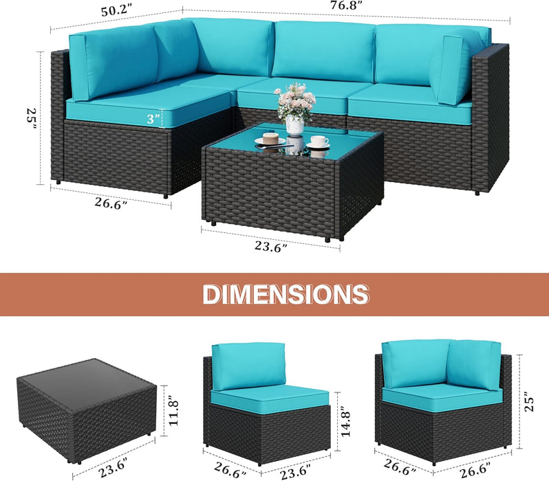 Patio Furniture Sets, 5 Pieces Outdoor Furniture Patio Sectional Sofa Set, Black Wicker Rattan Conversation Sets with Glass Table and Cushions, Blue