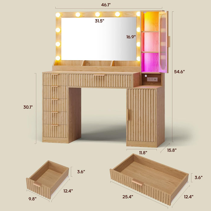 Fluted Makeup Vanity Desk with Large 31.5" Mirror and Lights, 46.1" Wood Vanity with Charging Station & RGB Lights, Dressing Table with 6 Drawers & Cabinet & Shelves, Oak
