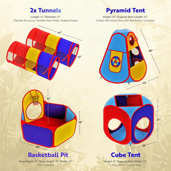 5Pc Kids' Play Tents & Tunnels - Ball Pit for Toddlers, Basketball Hoop, Crawling Tubes, Pop-Up Playhouses, Baby Obstacle Course for Indoor or Outdoor Use