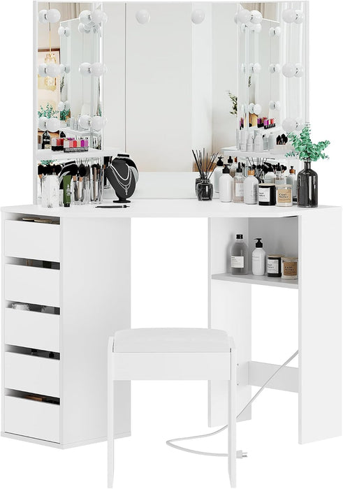 Corner Vanity Desk With Illuminated Folding Mirrors