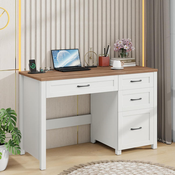 Farmhouse 47" Executive Desk, Computer Desk with File Drawer and Charging Station, Workstation for Home Office & Study.Off White