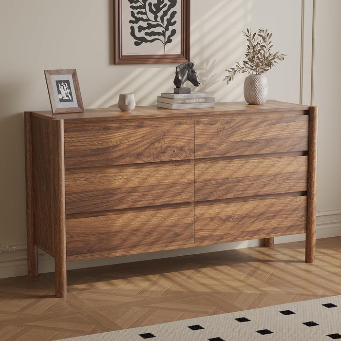 Walnut 6 Drawers Dresser for Bedroom, 47.2" Wide Mid Century Modern Chest of Drawers with 4 Solid Wood Cylindrical Legs and Large Storage Space, Large Dresser for Bedroom