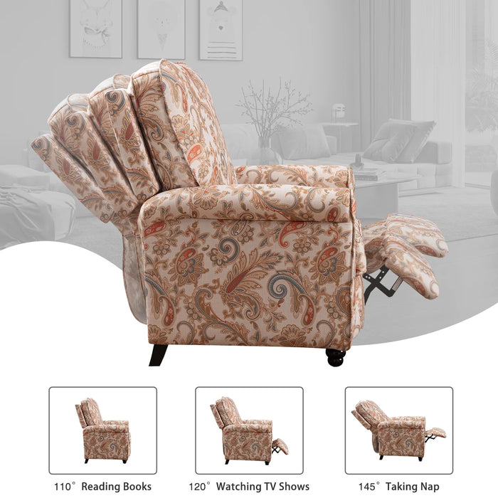 Manual Recliner Chair Push Back Upholstered Mid Century Armchair Fabric Sofa Home Theater Couches Wood Legs Home Living Room,Flower