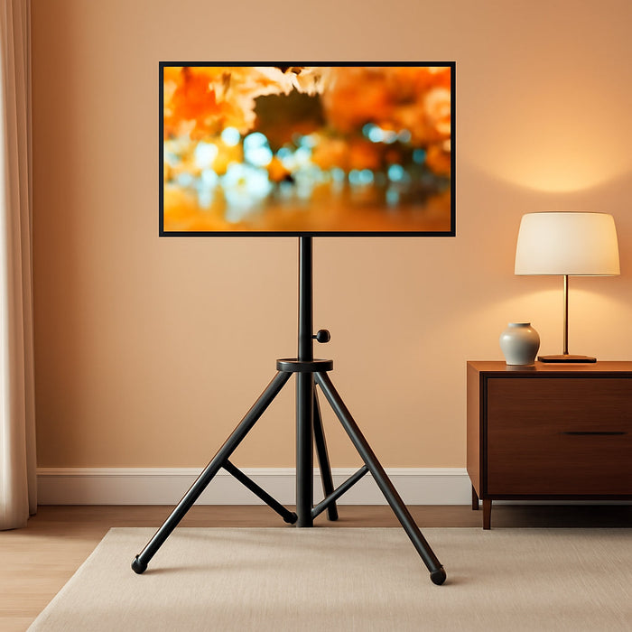 Tripod TV Stand for 23-75 Inch Flat Screen/Curved Tvs up to 100 Lbs, Outdoor TV Stand with ±15° Tilt, Height Adjustable Portable TV Stand with Safety Design, Max VESA 600X400M, Black