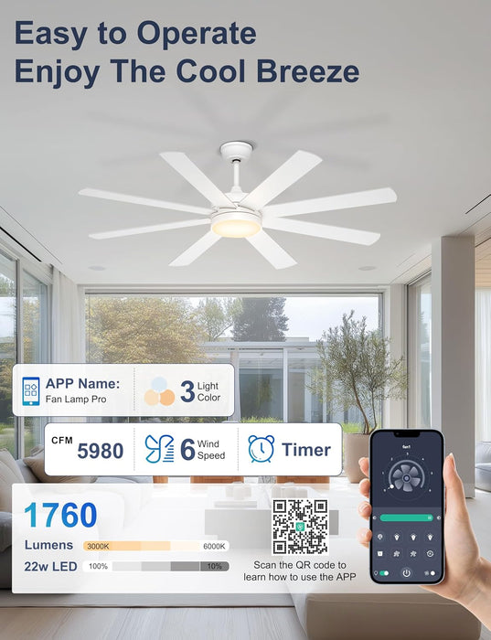Professional 60 Inch White Ceiling Fan IntegratedControls