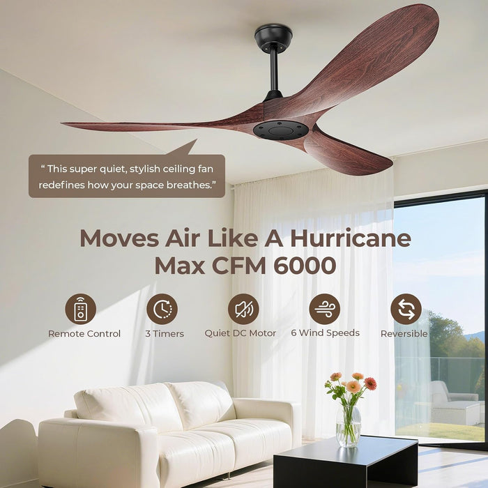 60 Inch Ceiling Fan without Lights, Walnut Finish | Outdoor Ceiling Fan with Remote, 6-Speed Adjustable Reversible DC Motor for Patio & Living Room