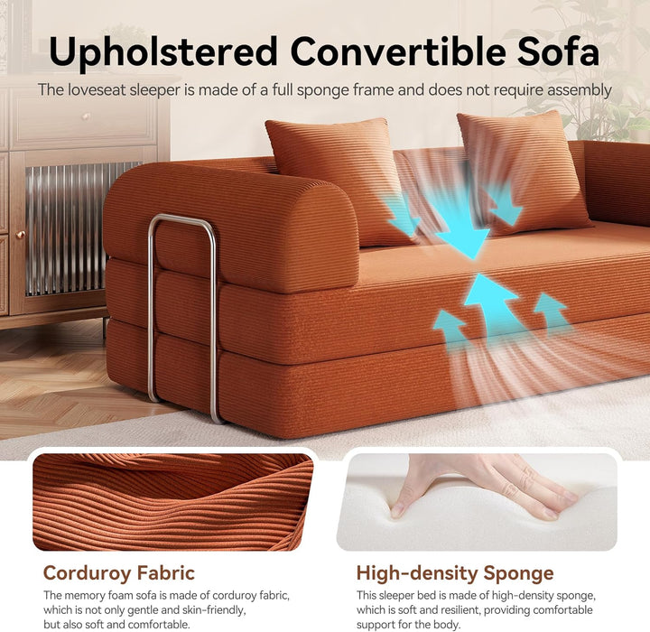 79 Inch Convertible Sofa Bed Orange CorduroyPillows
