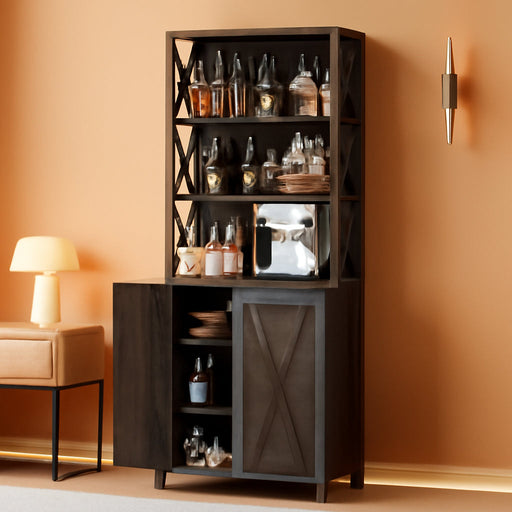 67" Tall Wine Bar Cabinet for Liquor and Glasses, Farmhouse Kitchen Cabinet Coffee Bar with Adjustable Shelves, Open Storage Shelves, Buffet Kitchen Cabinet for Dinning Room, Kitchen, Rustic Oak