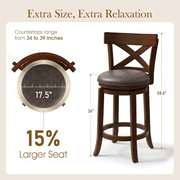 26 Inch Swivel Bar Stools Set of 2, Counter Height Stools | Rustic Wooden Barstools with Back & Solid Wood Legs, Faux Leather Bar Chairs for Kitchen Island, Dark Cherry