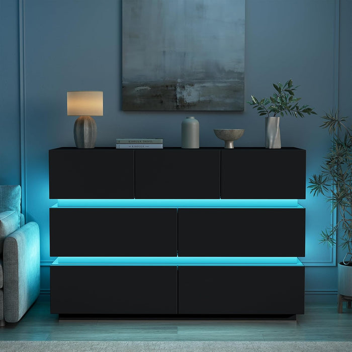 7 Drawer Dresser with LED Lights, Modern Black Dresser for Bedroom