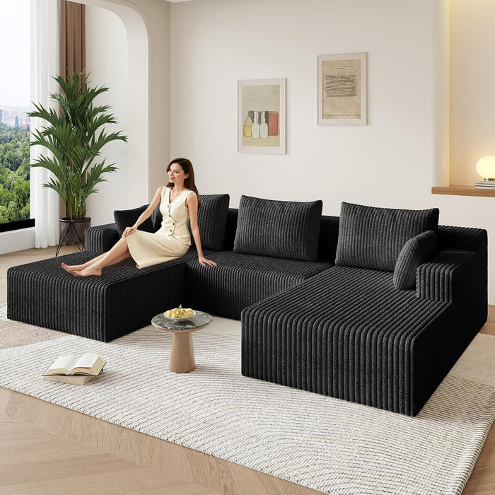 107Inch Modular Sectional Sofa Black Corduroy Upholstered