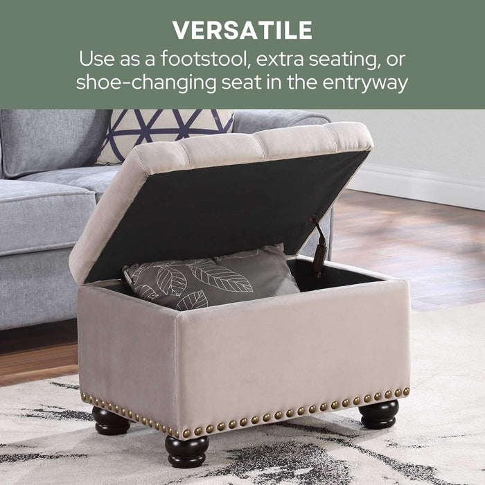 Designs4Comfort 5Th Avenue Storage Ottoman 24" Contemporary Foot Stool and Seat with Hinged Lid for Living, Dining Room, Office, Den, Velvet Light Taupe