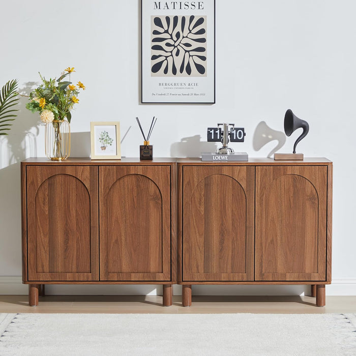 Modern Sideboard Buffet Cabinet with Arched Finish Doors, Kitchen Storage Cabinet with Solid Wood Legs, Accent Console Table for Dining Room Living Room (Walnut)