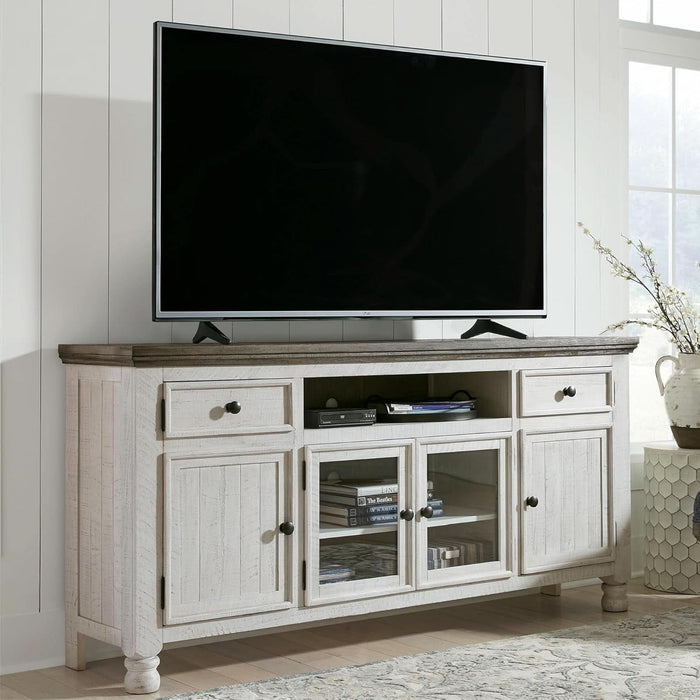 Havalance Farmhouse TV Stand Fits Tvs up to 72", 4 Cabinets and Shelves for Storage, Vintage White & Weathered Gray