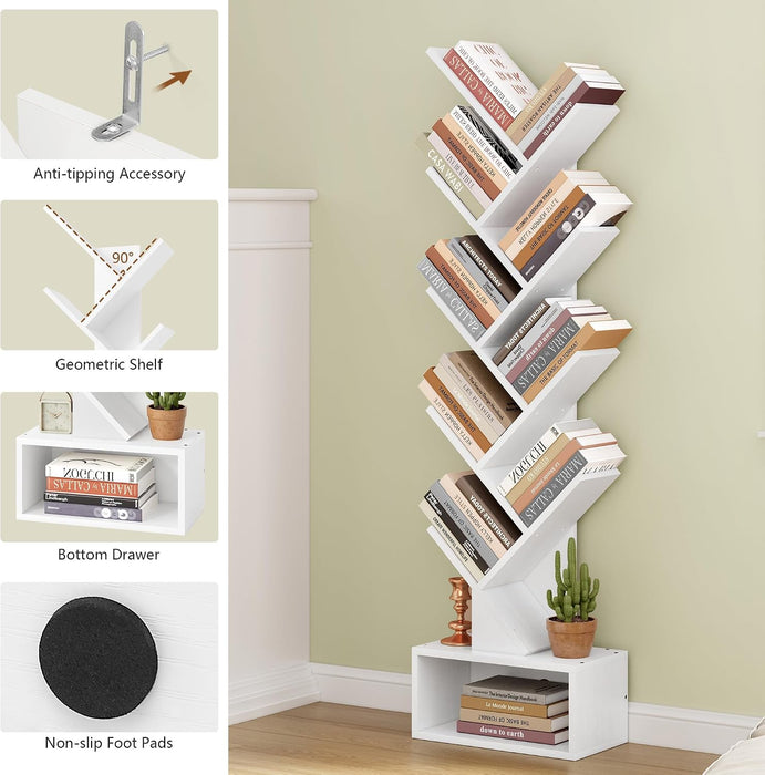 9 Tier Tree Bookshelf, Tall Bookcase with Drawer, Wood Book Shelf, Modern Floor Standing Bookshelves, Book Organizer Shelves for Bedroom, Living Room, Home Office, White
