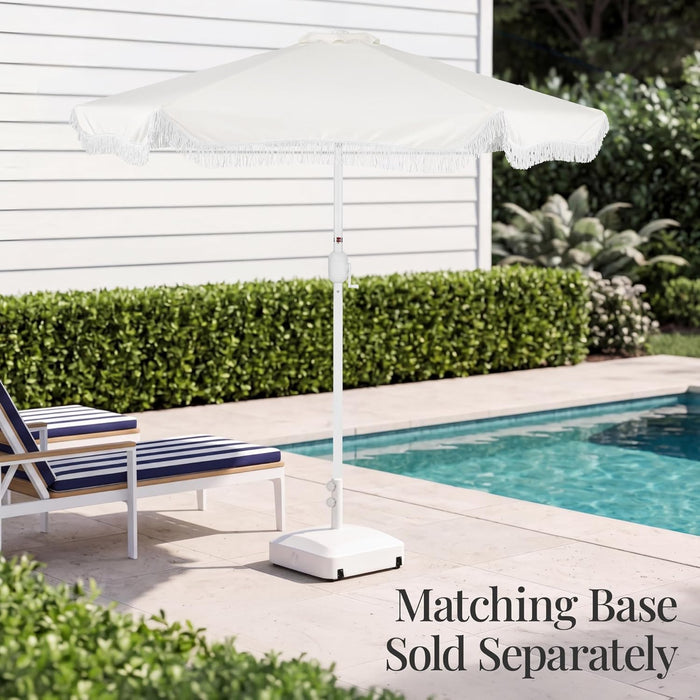 9Ft Fringe Market Patio Umbrella – Outdoor Boho Tassel Sunshade for Table, Pool, Deck, Backyard – UPF50+, Easy Tilt, Heavy Duty Steel Pole & Ribs - White