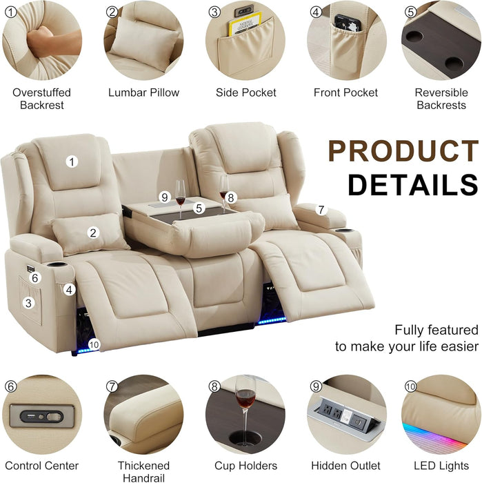 RV Power Loveseat Recliner Sofa, Leathaire Fabric 3-Seater Wall Hugger Reclining Sofa, Home Theater Seating Chair with Cup Holders, 3 Person Couch RV Furniture for Living Room, Beige