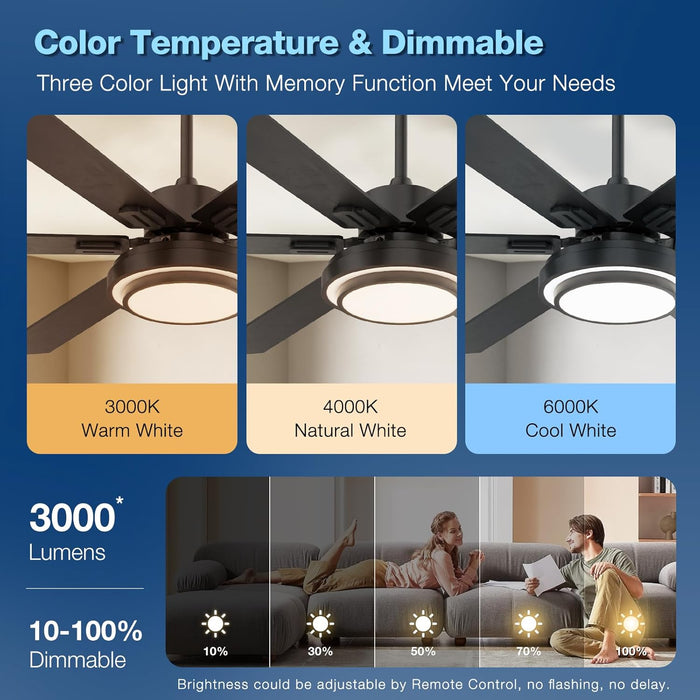 Ceiling Fans with Lights and Remote Control, 62 Inch, 6 Speeds Reversible DC Motor, 3 Color Dimmable Light, Timer, Noiseless, Black, 6 Blades