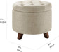 round Linen Ottoman with Storage, Tufted Upholstered Footstool for Living Room and Bedroom, 20" X 17", Linen Burlap Beige