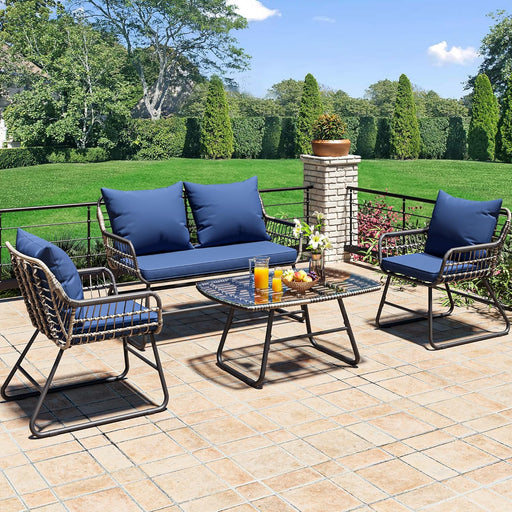 4-Piece Patio Furniture Wicker Outdoor Bistro Set, All-Weather Rattan Conversation Loveseat Chairs for Backyard, Balcony and Deck with Soft Cushions and Metal Table (Navy Blue)