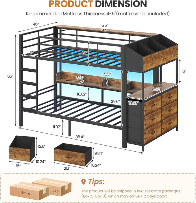 Twin over Twin Bunk Bed with 6 Storage Drawers,Led Lights and Charging Station Metal Bunk Beds with Side Bookcase,3 Storage Boxes &Shelf,L-Shaped Bunk Bed with Safety Guardrail and Ladder,Black