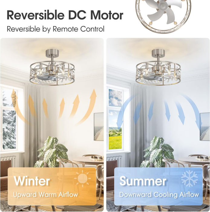 20 Inch Caged Ceiling Fan with Light and Remote, Quiet Reversible AC Motor, 5 ABS Blades, Modern Industrial Crystal Low Profile Small Ceiling Fan Light for Bedroom Home Indoor