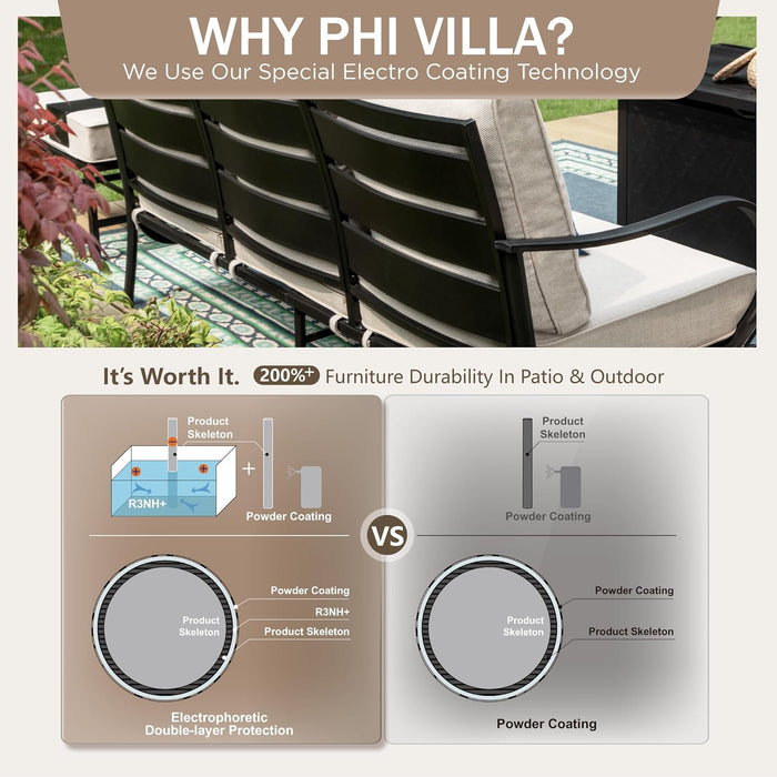 6 Piece Patio Furniture Sets with 1X 3-Seat Deep Seating Bench Sofa, 2 C-Base Sofa Chairs, 2 Metal Cushioned Ottoman and & 1 Coffee Table, Deluxe Outdoor Patio Set for 5-7 Person