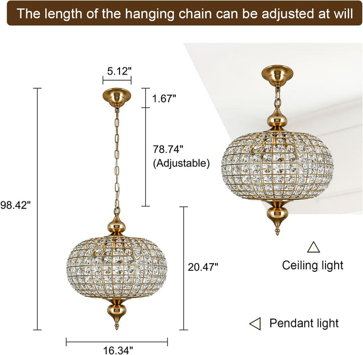 Gold Crystal Chandelier, 16.5" Modern 4-Light round Crystal Pendant Light Antique Globe Foyer Chandelier for Dining Room Living Room