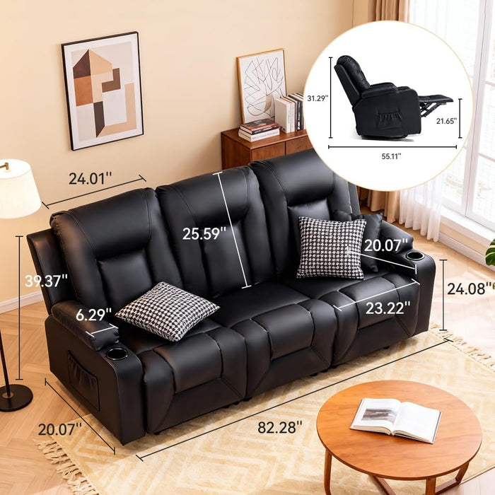 Living Room Furniture Set,Faux Leather Manual Recliner Sofa Sets with Cup Holders,Reclining Couch,Loveseat and Armchair,3,Black