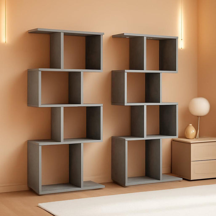 5-Tier Geometric Bookshelf Set of 2, 70'' Tall Wood Freestanding Decorative Display Open Shelves with Anti-Tipping Device, Each Shelf Holds up to 44 Lbs, Wooden S Shaped Bookcase, Gray