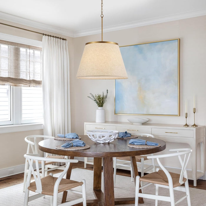 24" Boho Chandelier, Tapered Fabric Drum and Antique Gold Accents Paint Finish Shade Pendant Lighting for Nursery Room Dining Room Living Room Kitchen