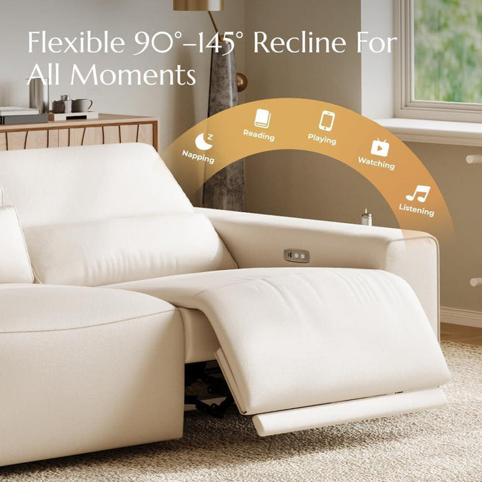 108" Power Recliner Couch, Leather Power Reclining Sofa with Electric Backrest and Footrest, Modular Sectional Sofa for Living Room, Electric Recliner with Wide Seating, Beige