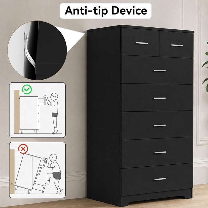 47.3" Tall Dresser with Charging Station Wooden 7 Drawer Dressers for Bedroom Chest of Drawers with Sliding Rails for Home Office Entryway Black
